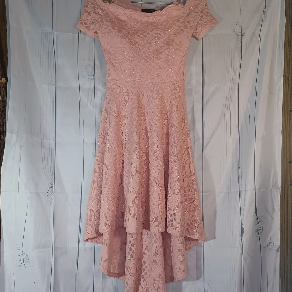 City Studio off-the-shoulder high-low pink sparkle lace coquette party dress.